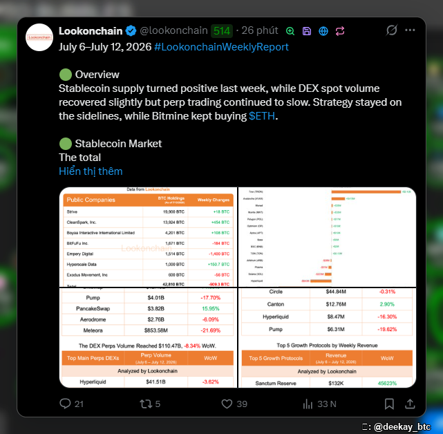 Lookonchain Weekly Report tweet (July 6-July 12, 2026) covering Stablecoin Market, public companies BTC holdings (Bitmine, Strategy, etc.), DEX perps volume, and top 5 growth protocols.