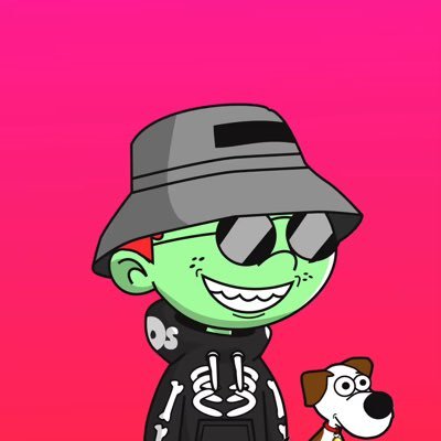 The image features a cartoon character wearing a hat, glasses, and a skeleton costume with bones attached to their neck. The character appears to be smiling at the camera. Next to the character, there's a dog sitting next to them on the right side of the image. The background is pink, which contrasts nicely with the black elements in the scene. In the bottom left corner of the image, there are some text elements that read "Good night $RIVER I haven't posted anything today. Maybe tomorrow. And maybe the day after that."