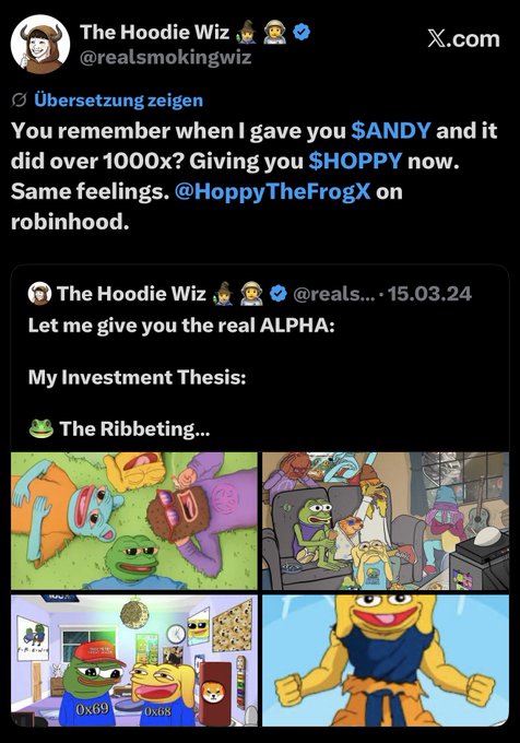 A X.com post by 'The Hoodie Wiz' (@realsmokingwiz) promoting $HOPPY coin, referencing a past $ANDY 1000x gain, with a Pepe the Frog meme collage called 'The Ribbeting'.
