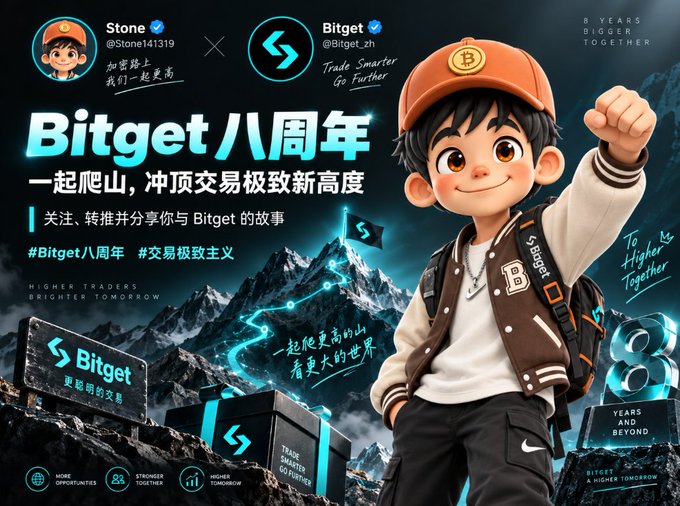 The image is a promotional banner for Bitget's 8th anniversary, featuring a cartoon character in a Bitget cap and jacket standing triumphantly with a raised fist before a snowy mountain peak with a Bitget flag, alongside Chinese text reading "Bitget 八周年" (Bitget 8th Anniversary) and "一起爬山，冲顶交易极致新高度" (Climb together, reach new heights in trading), with hashtags #Bitget八周年 and #交易极致主义.

The banner visually echoes the post's metaphor of climbing trading "mountains," reinforcing the user's personal journey of entering the crypto market in 2021, experiencing bull and bear cycles, and now joining Bitget's celebratory 8-year milestone event.