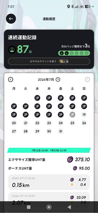 A Japanese-language exercise history screen showing 87 consecutive exercise days streak, with a July 2026 calendar, exercise UHT of 375.10, bonus UHT of 95.00, and recent activities including 0.15km and 2.07km walks on July 17.
