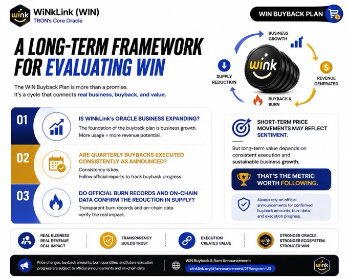 This infographic from WiinkLink presents a "Long-Term Framework for Evaluating WIN," outlining three key evaluation criteria: business expansion (01), consistent quarterly buybacks (02), and verifiable supply reduction through burn records (03).