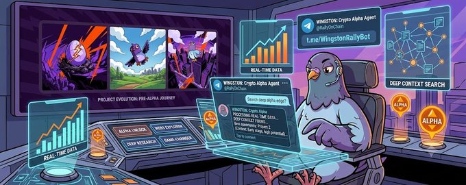 A pigeon named "Wingston," branded as the "Crypto Alpha Agent" from @RallyOnChain, sits at a futuristic command center displaying "REAL-TIME DATA," "DEEP CONTEXT SEARCH," and features like "Deep Research," "Ricky Flashcraw," and "Self Awareness." The image illustrates the post's claim of a new AI-powered secret alpha tool for crypto research available on Telegram.