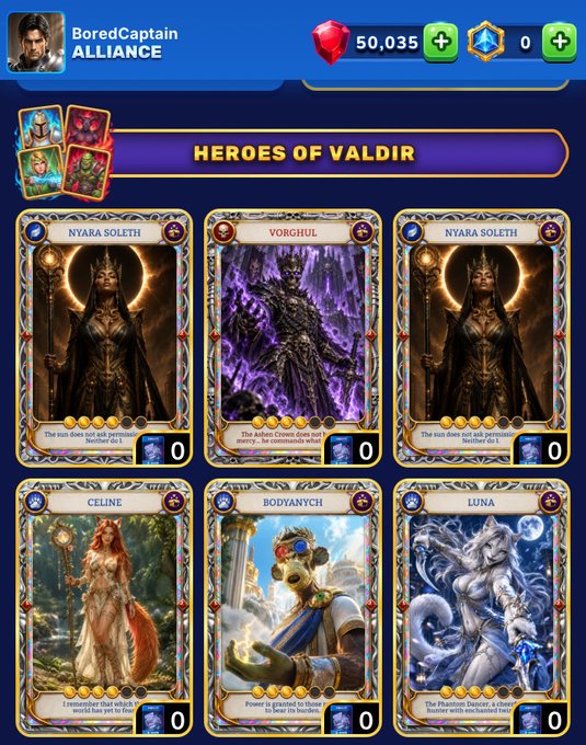 A mobile game screenshot for 'Heroes of Valdir' showing a character collection screen with cards for NYARA SOLETH, VORGHUL, CELINE, BODVANYCH, and LUNA, under the player 'BoredCaptain' of the ALLIANCE.
