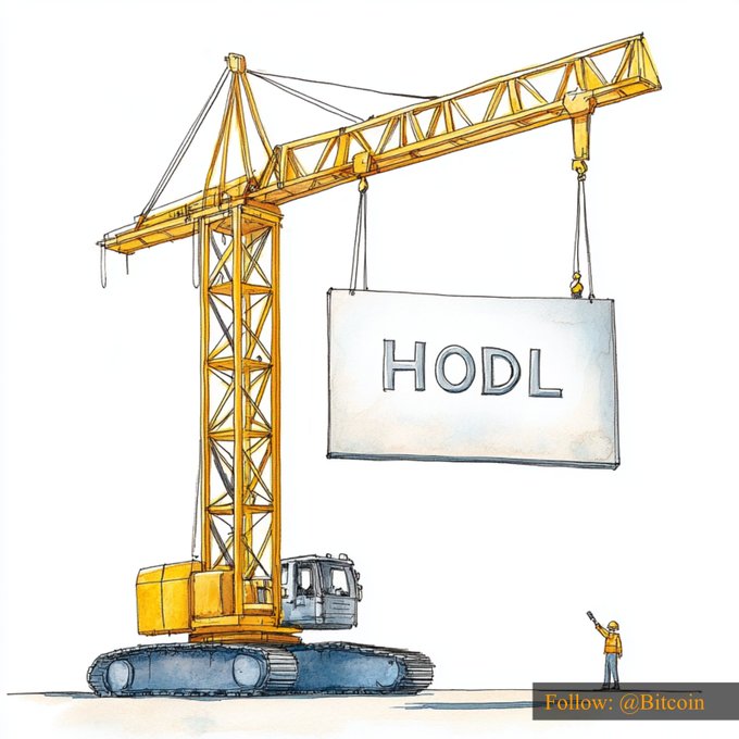 A watercolor-style illustration shows a massive yellow crane lifting an enormous banner labeled "HODL" while a tiny worker directs the operation from below, with a "@Bitcoin" watermark in the corner—symbolizing the strong conviction needed to hold through Bitcoin's climb to $77,148.68.