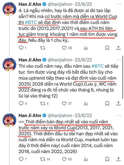 The image shows a Twitter post with three different posts displayed vertically, each containing text written in Vietnamese. The first post has a caption that reads "HANJIANN 23/22", while the second post has a caption that says "BTC". The third post also contains a caption that reads "BTC". The posts are arranged in a vertical line with the first post at the top, followed by the second and then the third.