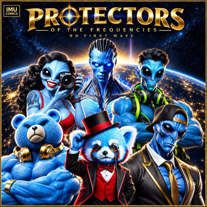 Cover art for 'IMU Comics: PROTECTORS OF THE FREQUENCIES #0 FIRST WAVE' featuring blue-skinned alien superheroes, a blue teddy bear, and a panda in a top hat.