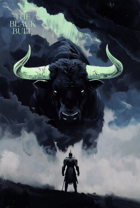 A dark fantasy illustration titled 'THE BLACK BULL' depicting a massive, shadowy bull with glowing pale green horns looming over a lone armored warrior standing in clouds.