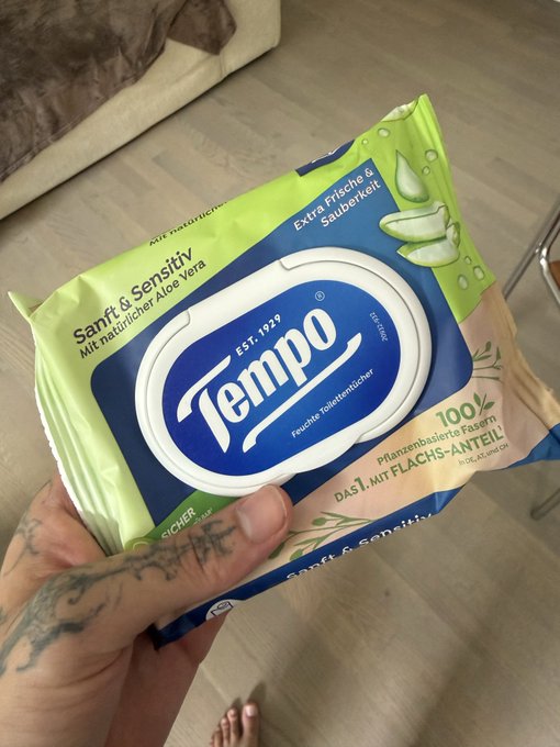 A tattooed hand holds a green package of Tempo brand tissues (Feuchte Toilettentücher), an aloe vera-scented flushable wipe product, in what appears to be a residential setting.