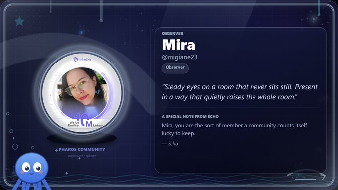 A community spotlight card features Observer "Mira" (@migiane23), described as having "steady eyes on a room that never sits still," with a special note from Echo praising her as a valuable community member. The card, branded with Pharos Community and Interlink, ties to the post celebrating storytellers within the @pharos_network community by honoring a key contributor whose steady presence helps shape and elevate the collective narrative.