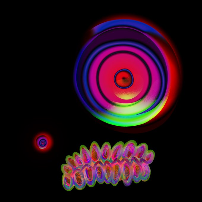 An abstract digital artwork featuring a glowing, colorful circular shape resembling an eye or target in pink, blue, green, and red, with a distorted text-like shape below it on a black background.