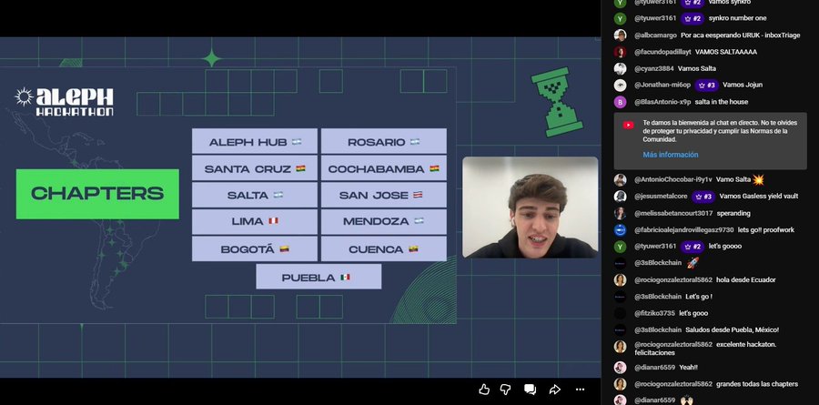 A livestream screen for an "ALEPH HACKATHON" showing a "CHAPTERS" list of cities (AlEPH Hub, Rosario, Santa Cruz, Cochabamba, Salta, San Jose, Lima, Mendoza, Bogota, Cuenca, Puebla) alongside a webcam feed of the speaker and live YouTube chat.
