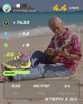 A StepN walking app screenshot overlaid on a video of an older man playing ukulele on a beach, showing stats of 0.98 Km walked in 00:17:07, earning 4.4 G/MIN and a Walker sneaker NFT at level 29.