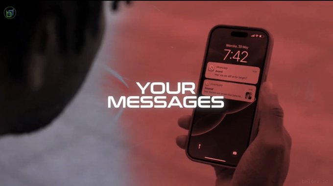 A close-up of a hand holding a smartphone displaying a lock screen with notifications, timestamped Monday, May 10 at 7:42, with bold overlay text reading 'YOUR MESSAGES' against a reddish-lit background.