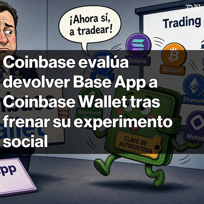 A cartoon illustration shows a green wallet character running away while saying '¡Ahora sí, a tradear!', overlaid with the Spanish headline: 'Coinbase evalúa devolver Base App a Coinbase Wallet tras frenar su experimento social'.