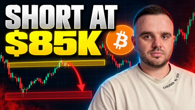 A YouTube thumbnail showing a man in a white sweatshirt labeled 'CHOSEN BY GOD' next to a Bitcoin price chart, with bold text reading 'SHORT AT $85K' and a Bitcoin logo.