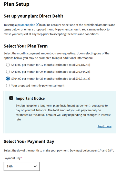 The image shows a screenshot of a screen displaying an error message from the Internal Revenue Service (IRS) indicating that the individual has not paid their 2016 tax liability yet. The screen also displays instructions for setting up a direct deposit plan, including options such as selecting payment amounts and terms, or reviewing proposed payments to ensure they are in compliance with tax regulations.