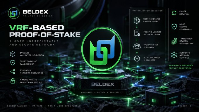 An infographic for 'BELDEX' promoting its 'VRF-BASED PROOF-OF-STAKE' system, highlighting features like dynamic validator selection, cryptographic randomness, and fair rotation.