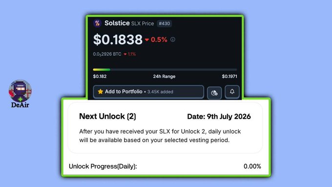 A Solstrix (SLX) price widget showing $0.1838, down 0.5%, with a 'Next Unlock (2)' notice dated 9th July 2026, indicating 0.00% daily unlock progress, and a small 'DeAir' NFT avatar.