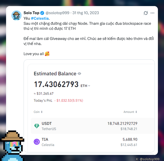 A tweet from @solotop999 dated November 10, 2023 announces a Celestia giveaway after earning 17.43 ETH from running a node, displaying a portfolio screenshot showing holdings of 18,748.21 USDT and 5,688.90 TIA (Celestia) tokens worth $12,445.61, which relates to the post's regret about selling TIA too early before its price rose 10x.