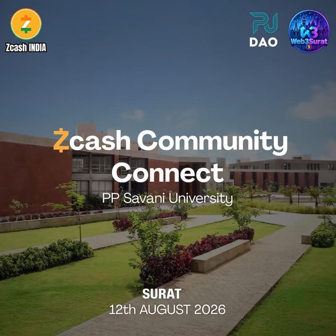 A promotional graphic for 'Zcash Community Connect' event at PP Savani University in Surat on 12th August 2026, featuring Zcash India, PU DAO, and Web3Surat logos.