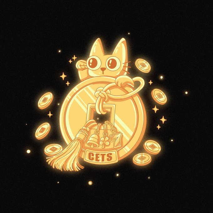 A glowing orange digital illustration of a cute cat-like character resting on a large lucky coin with Chinese square holes, accompanied by a tassel and charms, surrounded by floating coins and sparkles.
