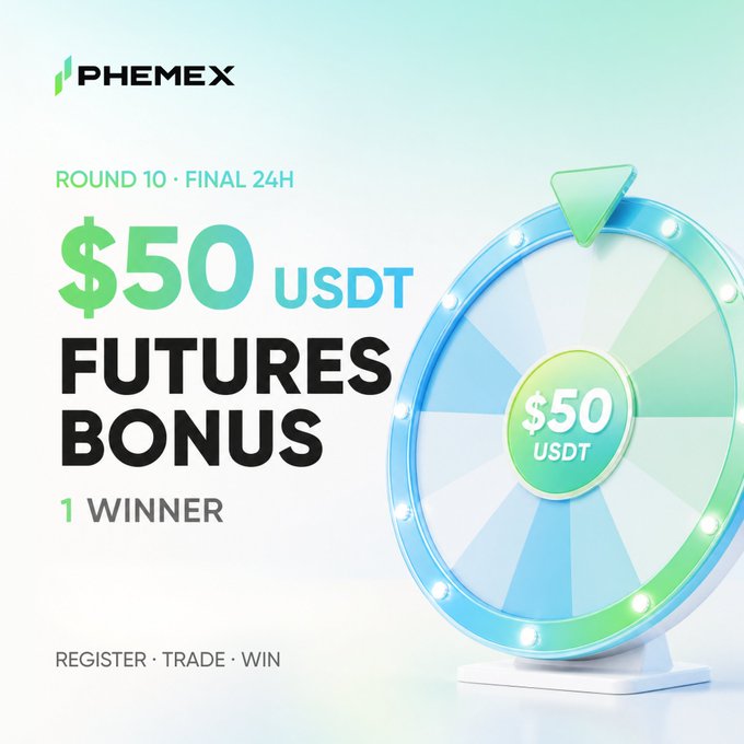 A Phemex promotional graphic for Lucky Draw Round 10's final 24 hours, featuring a spinning wheel prize wheel and bold text advertising a "$50 USDT FUTURES BONUS" for "1 WINNER." The image complements the post's call-to-action to register, trade, and reply "SPIN" for a chance to win before time runs out.