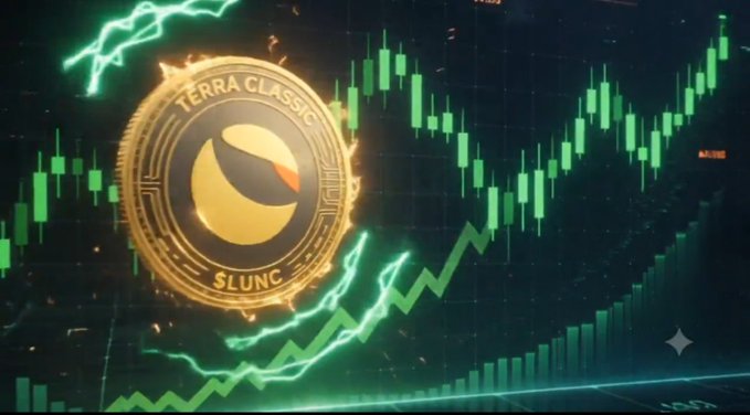 A stylized crypto graphic shows a gold coin labeled “TERRA CLASSIC $LUNC” in front of green candlestick charts, upward arrows, and glowing lightning effects.