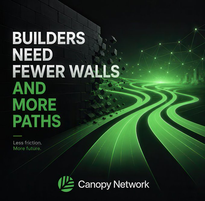 A dark, tech-styled graphic features a brick wall on the left shattering apart to reveal glowing green pathways and a network mesh on the right, with the bold text "BUILDERS NEED FEWER WALLS AND MORE PATHS" and the tagline "Less friction. More future," along with the "Canopy Network" logo at the bottom. The imagery visually reinforces the post's message by symbolizing how Canopy Network breaks down blockchain development barriers, allowing builders to move freely along shared, interconnected paths instead of constructing isolated infrastructure alone.
