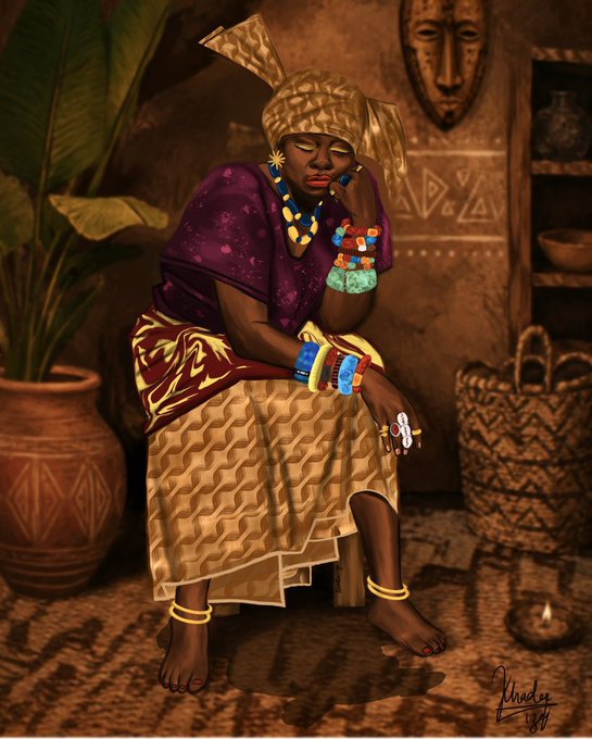 An illustration of a seated African woman adorned with colorful jewelry and a patterned headwrap, displayed in an artist's signature style with a date of 1997.