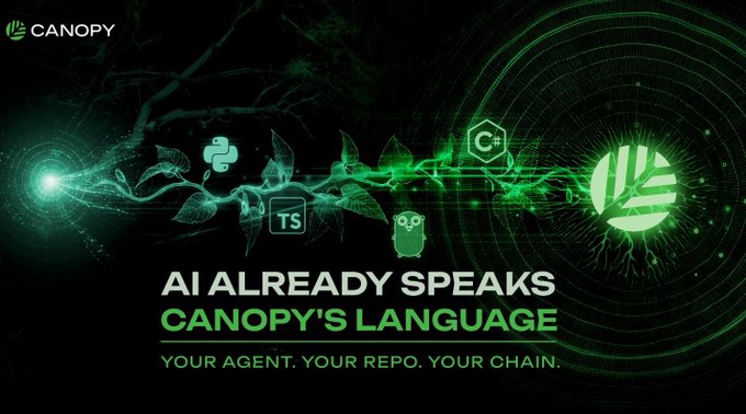 The image features an advertisement for Canopy, which promotes their AI-powered language translation tool. The background of the image is black with a green gradient effect, creating a futuristic atmosphere. In the center of the image, there are three different types of trees depicted in various sizes and positions to represent the concept of "speaking" multiple languages. Below this tree arrangement, there's text that reads: "AI already speaks CNPY Network's solidity is where things get harder. Thats where @CNPYNetwork comes in build a sovereign L1 using languages AI actually understands simple direct no extra complexity. A chain that truly belongs to you". The image also includes a logo for Canopy, which is a green tree with a white circle on it.