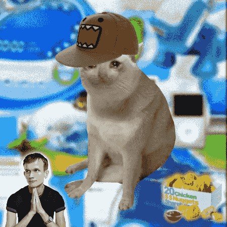 A meme featuring a cat wearing a Domo hat perched on toilet paper rolls, with a praying man and fast food references below.