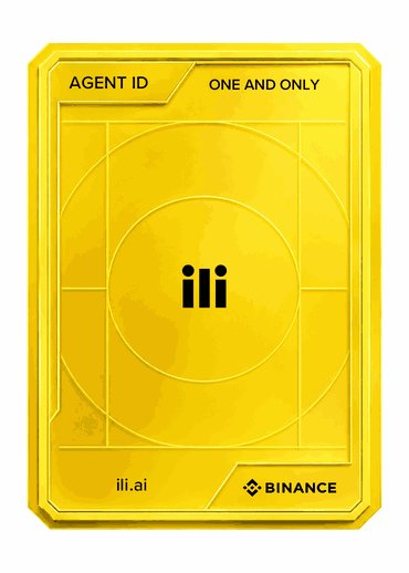 A gold collectible-style Binance “AGENT ID” card features the text “ONE AND ONLY,” the “iii.ai” logo, and the Binance namemark. It showcases the user’s Binance Agent ID and invites others to share their own designs.