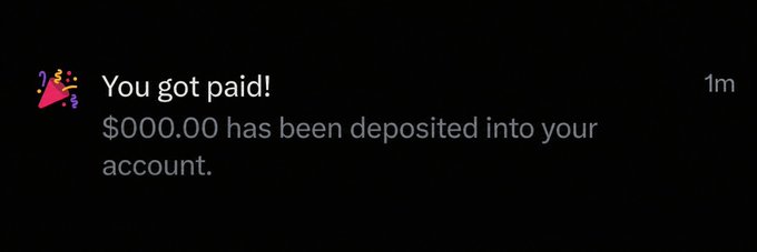 A dark-themed notification from Cash App showing 'You got paid! $000.00 has been deposited into your account.' with a party popper emoji and '1m' timestamp.
