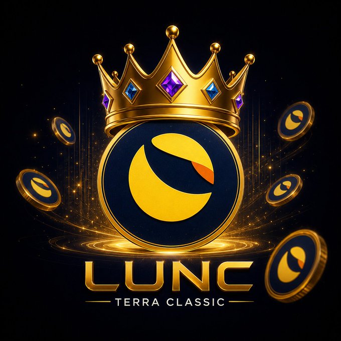 A regal golden crown adorned with purple and blue gemstones sits atop a large LUNC (Terra Classic) coin emblem, surrounded by smaller floating coins and glowing particles against a dark background, with "LUNC TERRA CLASSIC" displayed prominently below. The image's majestic crown and radiant golden aura visually reinforce the post's message that $LUNC's former glory and prominence in crypto will return.