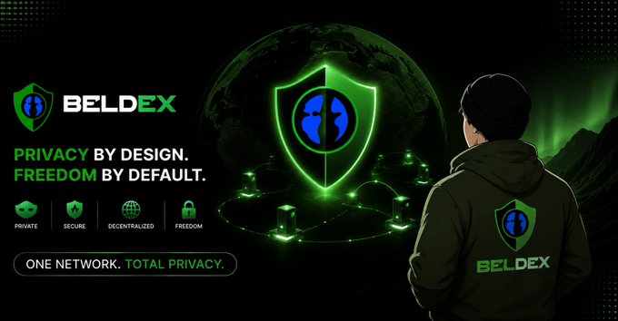 An advertisement for 'BELDEX' featuring a person wearing a beanie and a branded hoodie, with text 'PRIVACY BY DESIGN. FREEDOM BY DEFAULT.' and 'ONE NETWORK. TOTAL PRIVACY.'