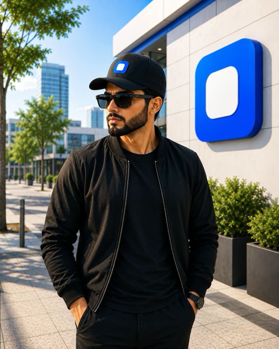 A photo of a man wearing a black cap with a blue logo, sunglasses, and a black bomber jacket, standing outside a modern building featuring a large blue square logo on the wall.