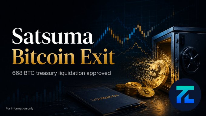 A graphic for 'Satsuma Bitcoin Exit' announcing '668 BTC treasury liquidation approved' with a safe, Bitcoin coins, and a liquidation document.