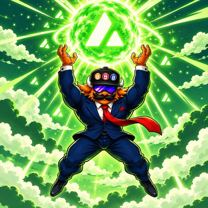 Anime-style illustration of a mustachioed character in a blue suit and red tie floating in the sky, holding up a glowing green sphere with a triangle logo, surrounded by clouds and energy beams.