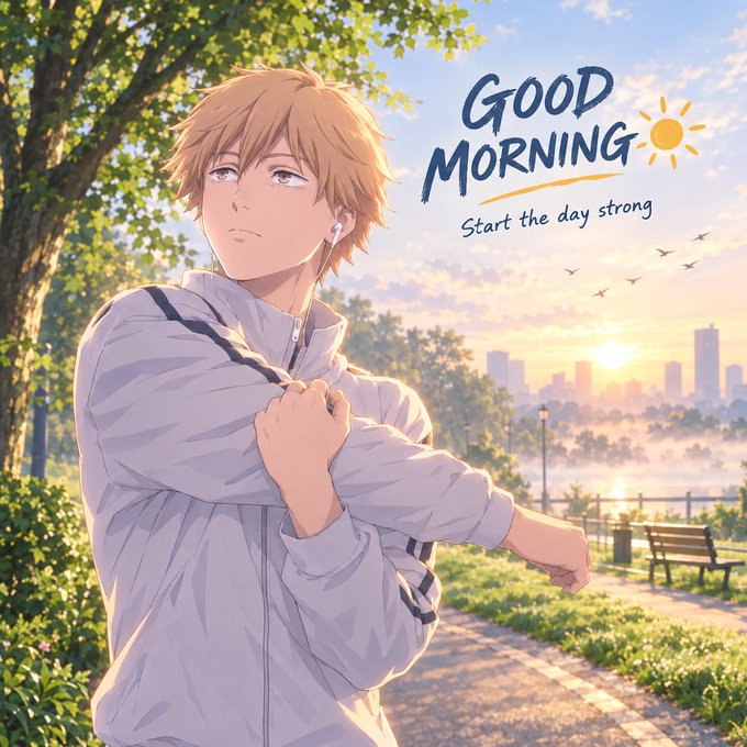 An anime-style illustration shows a blonde-haired young man stretching his arms in a sunlit park, wearing earbuds and a light jacket, with the text "Good Morning — Start the day strong" displayed alongside a sunrise and city skyline.

The image perfectly complements the post's "GM" (good morning) message, visually capturing the fresh start and positive energy theme with its bright sunrise, stretching pose symbolizing readiness, and motivational tagline encouraging followers to make the most of the day.