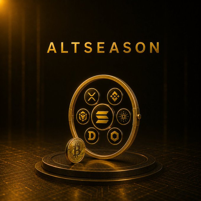 A stylized golden 3D graphic features the word 'ALTSEASON' above a circular emblem displaying various cryptocurrency logos including a Bitcoin coin.