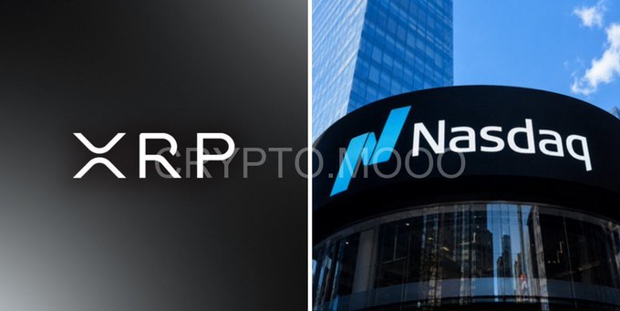 A split image shows the XRP logo on the left and the Nasdaq building signage on the right, with a 'CRYPTO.MOJO' watermark.