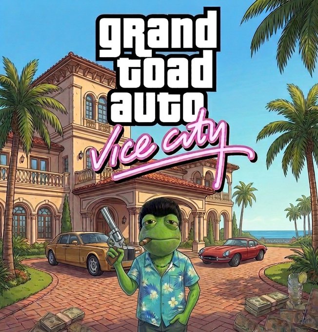 A parody video game cover art titled 'Grand Toad Auto: Vice City' featuring an anthropomorphic frog in a Hawaiian shirt holding a revolver, standing in front of a mansion with palm trees and sports cars.