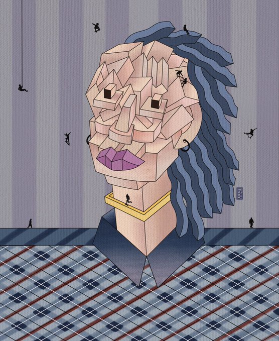 A cubist-style illustration of a fragmented face with purple lips and blue wavy hair, surrounded by tiny silhouettes of people climbing and hanging from the face, set against a striped background with a tiled floor.