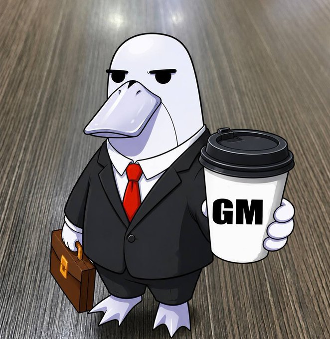 A cartoon duck character dressed in a business suit with red tie, holding a briefcase and a coffee cup labeled 'GM' (Good Morning), standing on a wooden floor.