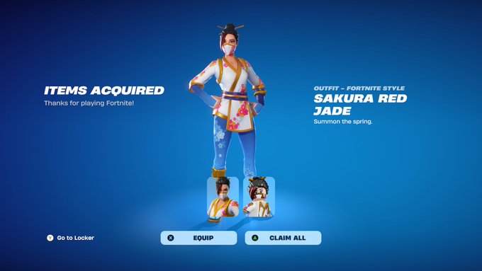 A screenshot from Fortnite showing an 'ITEMS ACQUIRED' screen for the 'SAKURA RED JADE' outfit with options to equip or claim all items.