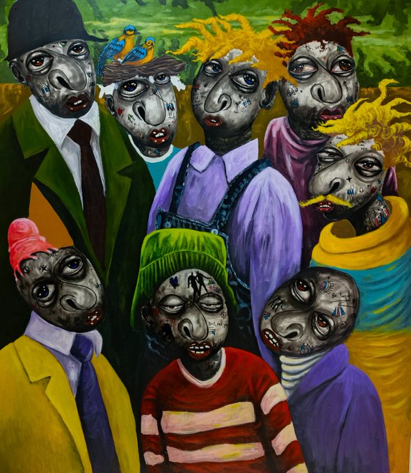 A surreal painting featuring multiple distorted figures with gray, mask-like faces and various colorful hairstyles, set against a vibrant green background.