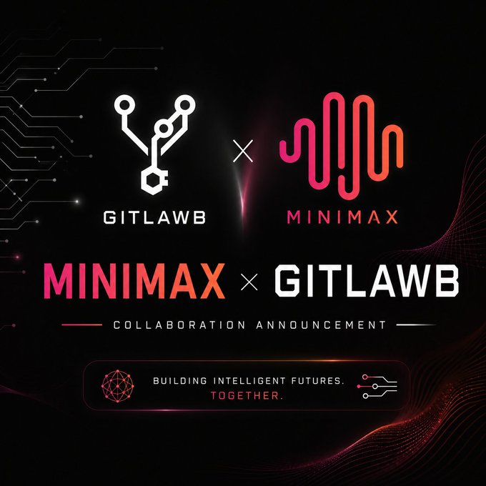 The image features a black background with two logos, one for @MiniMax AI M3 Unlimited and another for GitLawB. The text "Building intelligent futures together" is displayed below both logos.