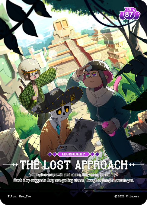 A colorful, animated illustration titled 'THE LOST APPROACH' depicts a skeleton character, a person in a green coat, and another in a blue coat exploring jungle ruins, with the artist's credit 'illus. Kem Tao © 2026 Chimpers' at the bottom.