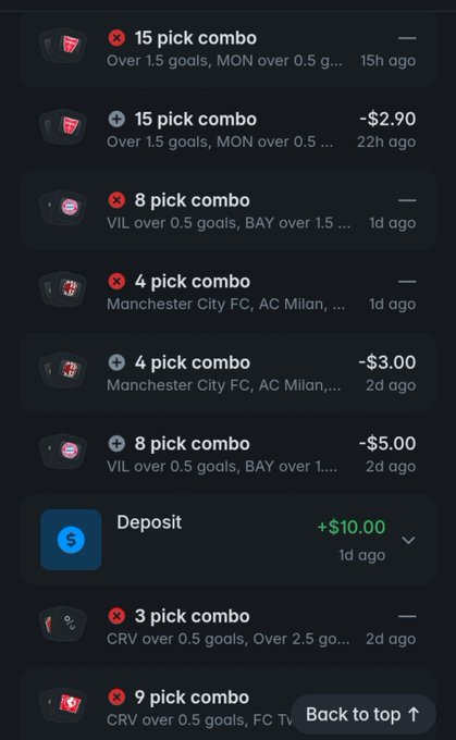 A sports betting transaction history showing multiple losing pick combos (15, 8, 4, 8, 3, and 9 picks) on various football matches including Manchester City FC, AC Milan, BAY, VIL, and MON, alongside a single $10.00 deposit, illustrating the user's $10-to-$100 challenge that has resulted in several small losses like -$2.90, -$3.00, and -$5.00.